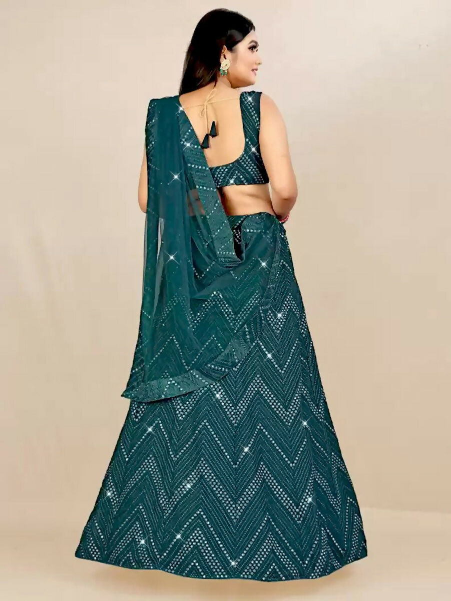 Jyoti Fashion Classy Bottle Green Georgette 3MM Sequins with Thread Embroidery Lehenga Choli with Dupatta | Swadesiicart