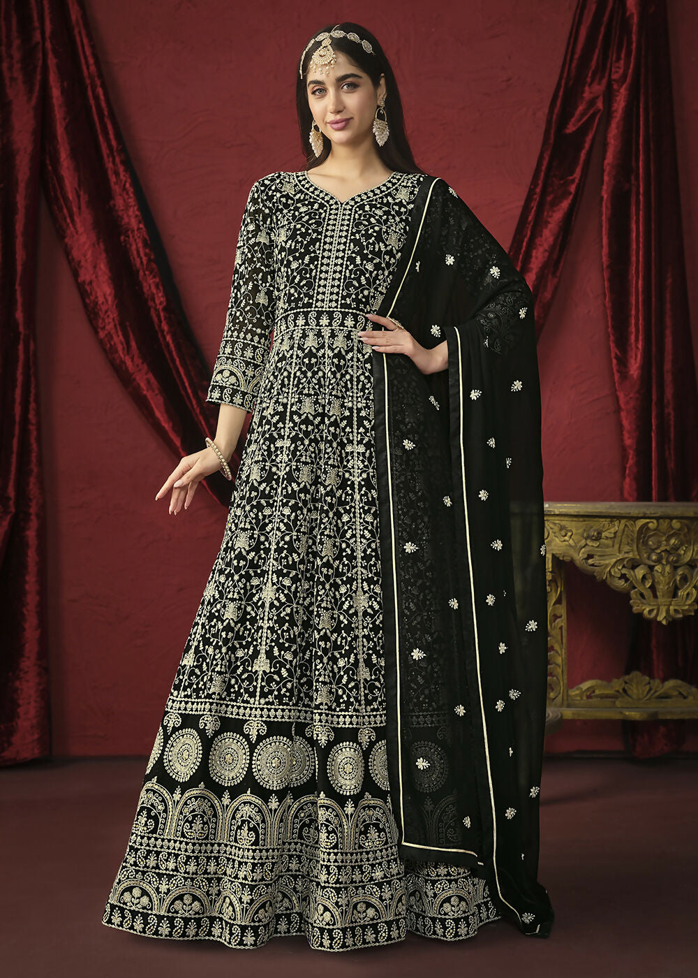 Stunning Black Front & Back Embroidered Trendy Anarkali Suit - Emponline | Swadesiicart