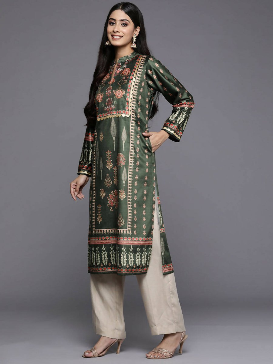 Ahalyaa Women Green & Pink Ethnic Motifs Printed Gotta Patti Velvet Kurta | Swadesiicart