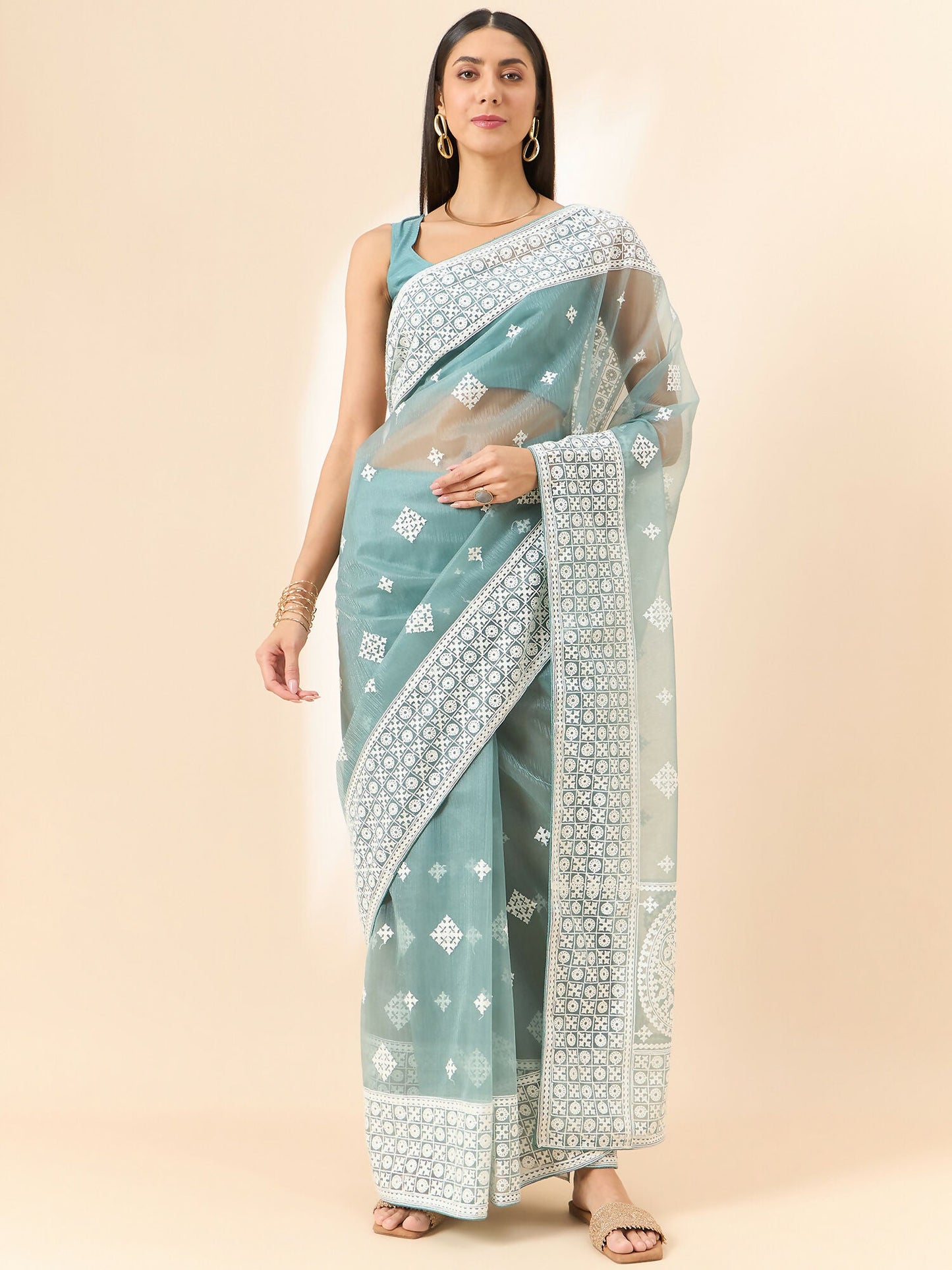 Blue Organza Geometric Embroidered Saree with Unstitched Blouse Piece - Roozal