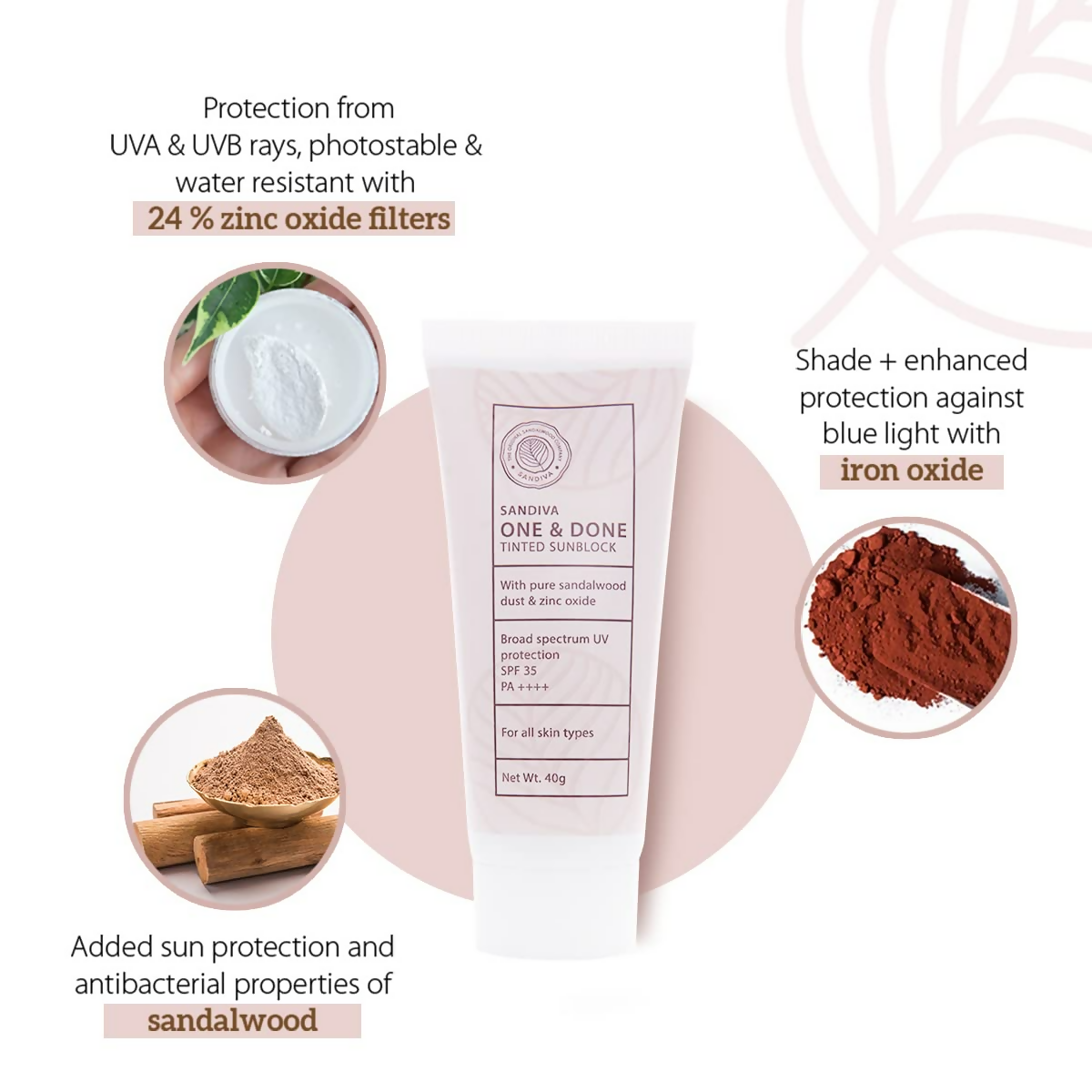 Sandiva One & Done Tinted Sunscreen With Zinc Oxide, SPF 35 PA++++, No White Cast - Tint 22 - Swadesiicart