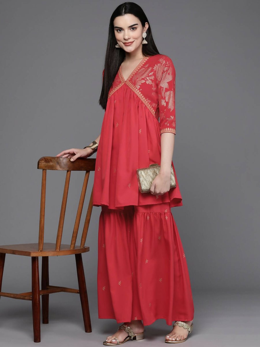 Ahalyaa Women Floral Printed Tunic with Palazzos - Red Color | Swadesiicart