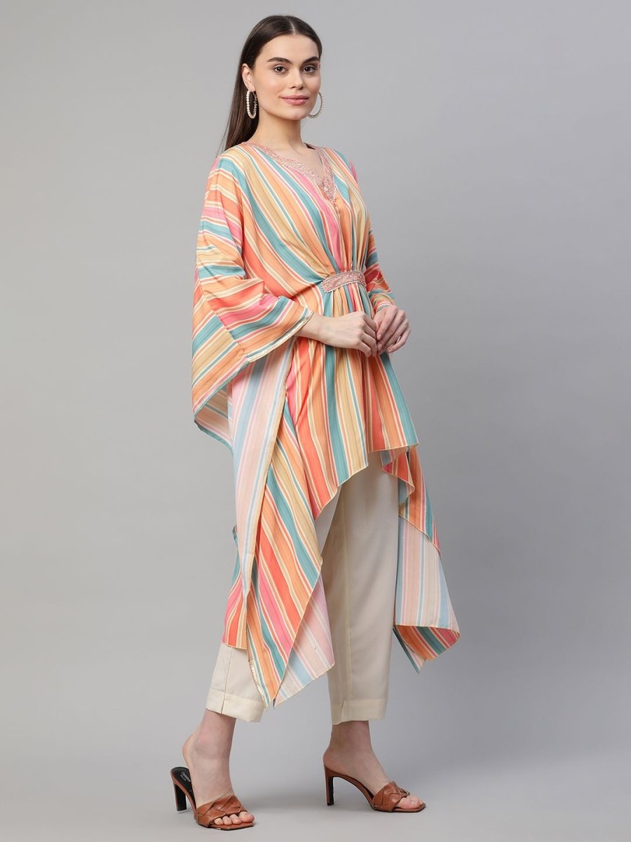 Ahalyaa Women Multi Color Crepe Striped Printed Kaftan Kurta With Trousers | Swadesiicart