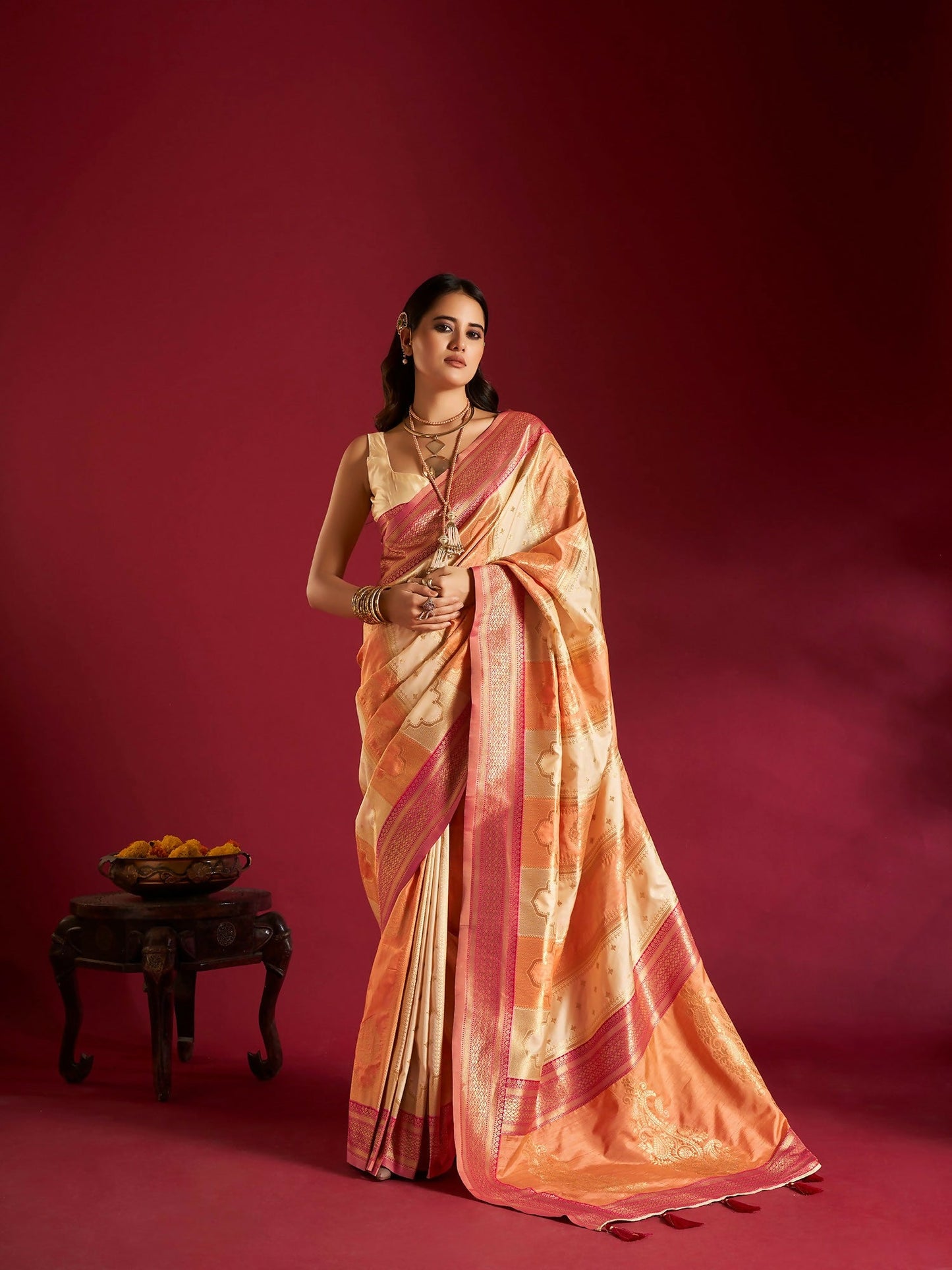 Joban Fashion Cream & Orange Plain With Weaving Border Banarasi Silk Sarees | Swadesiicart