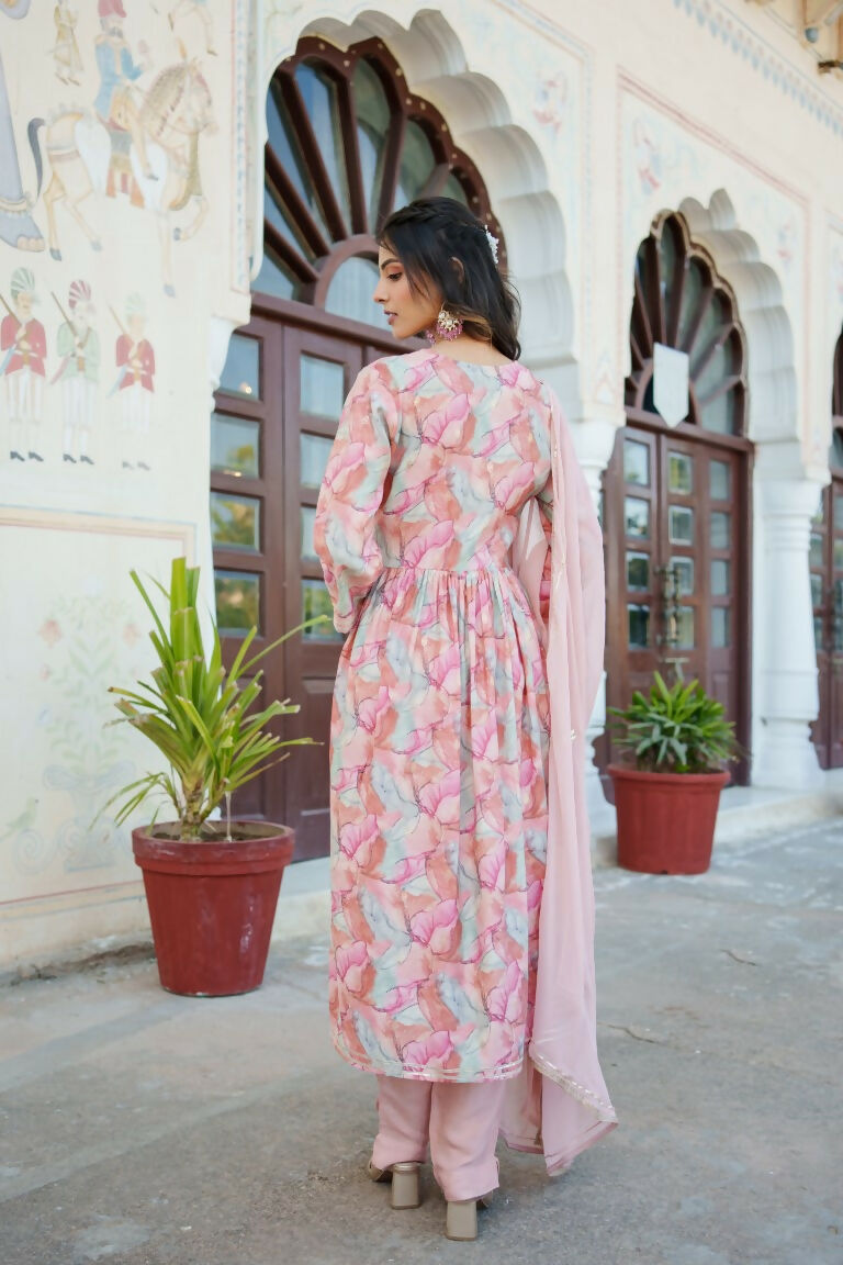Vaasva Women Peach Muslin Embroidered Kurta, Pant & Dupatta Set | Swadesiicart