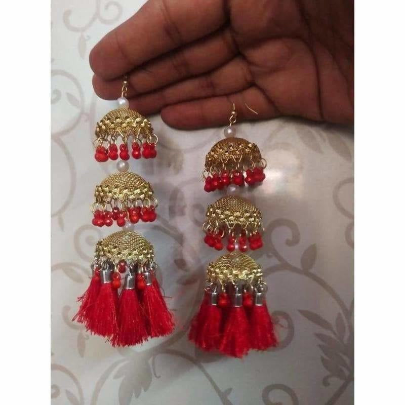 MS Fashion India Gold Color Latkan Red Pearls And Silk Threads Jhumka Earrings | Swadesiicart