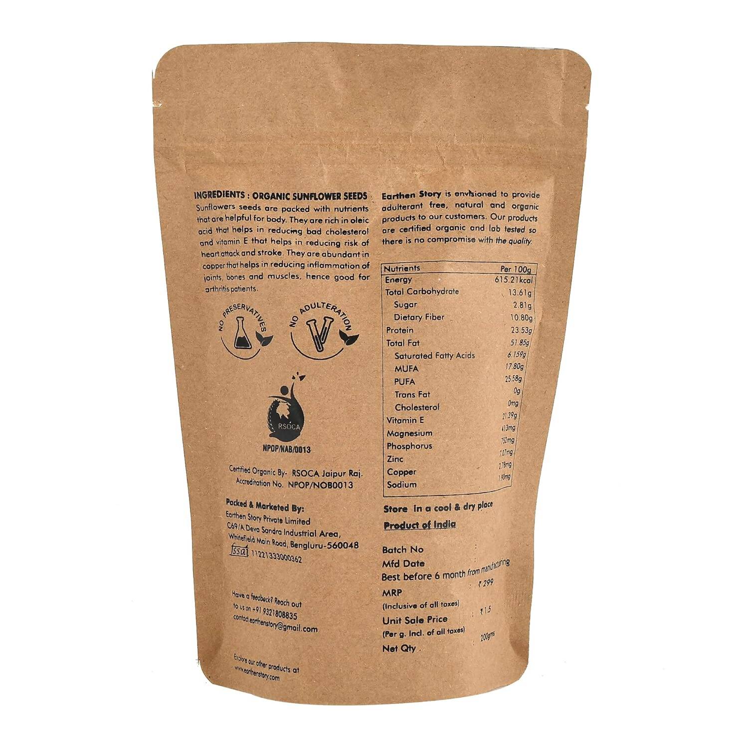 Earthen Story Certified Organic Raw Sunflower Seeds | Swadesiicart