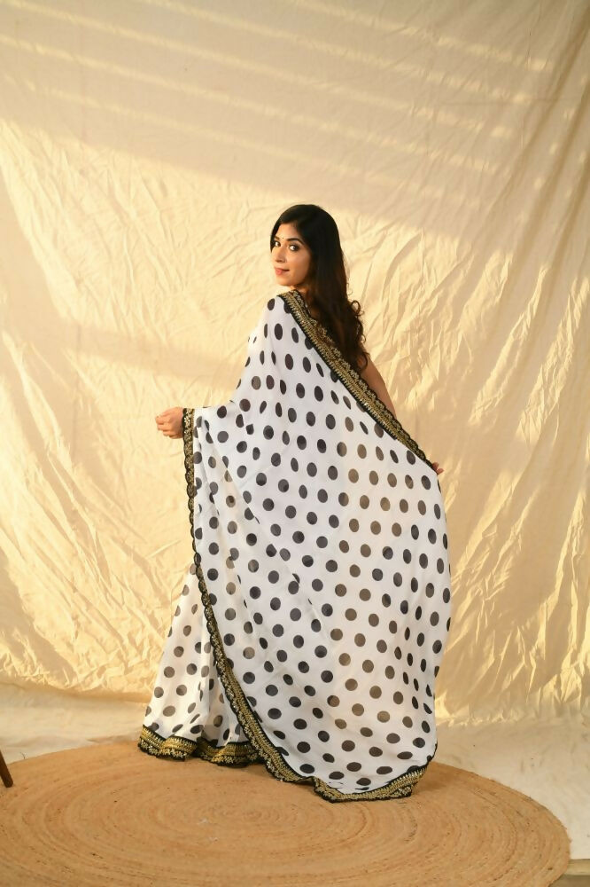 Vamsee Polka Dot Black & White Nylon Saree - Swadesiicart