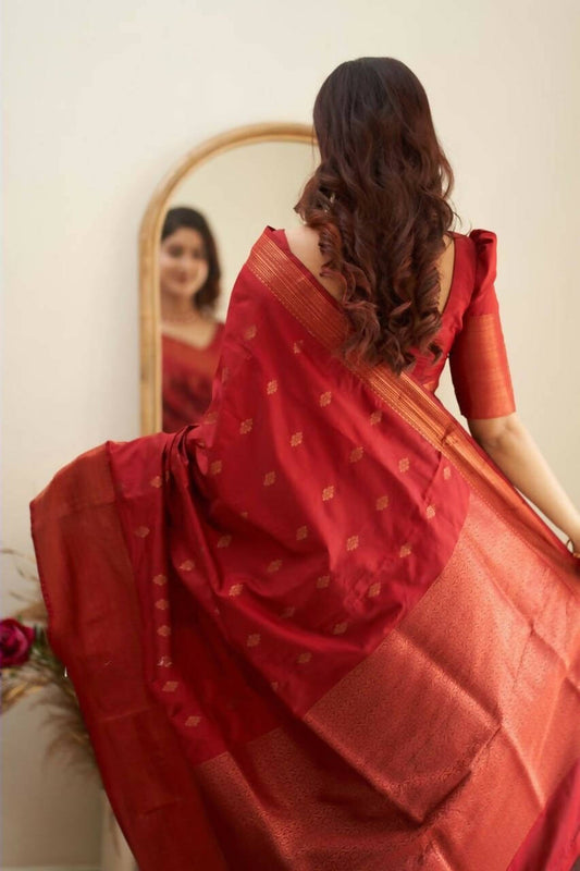 DEIANA'S Beautiful Designer Golden zari Soft Lichi Silk Saree - Red - Swadesiicart