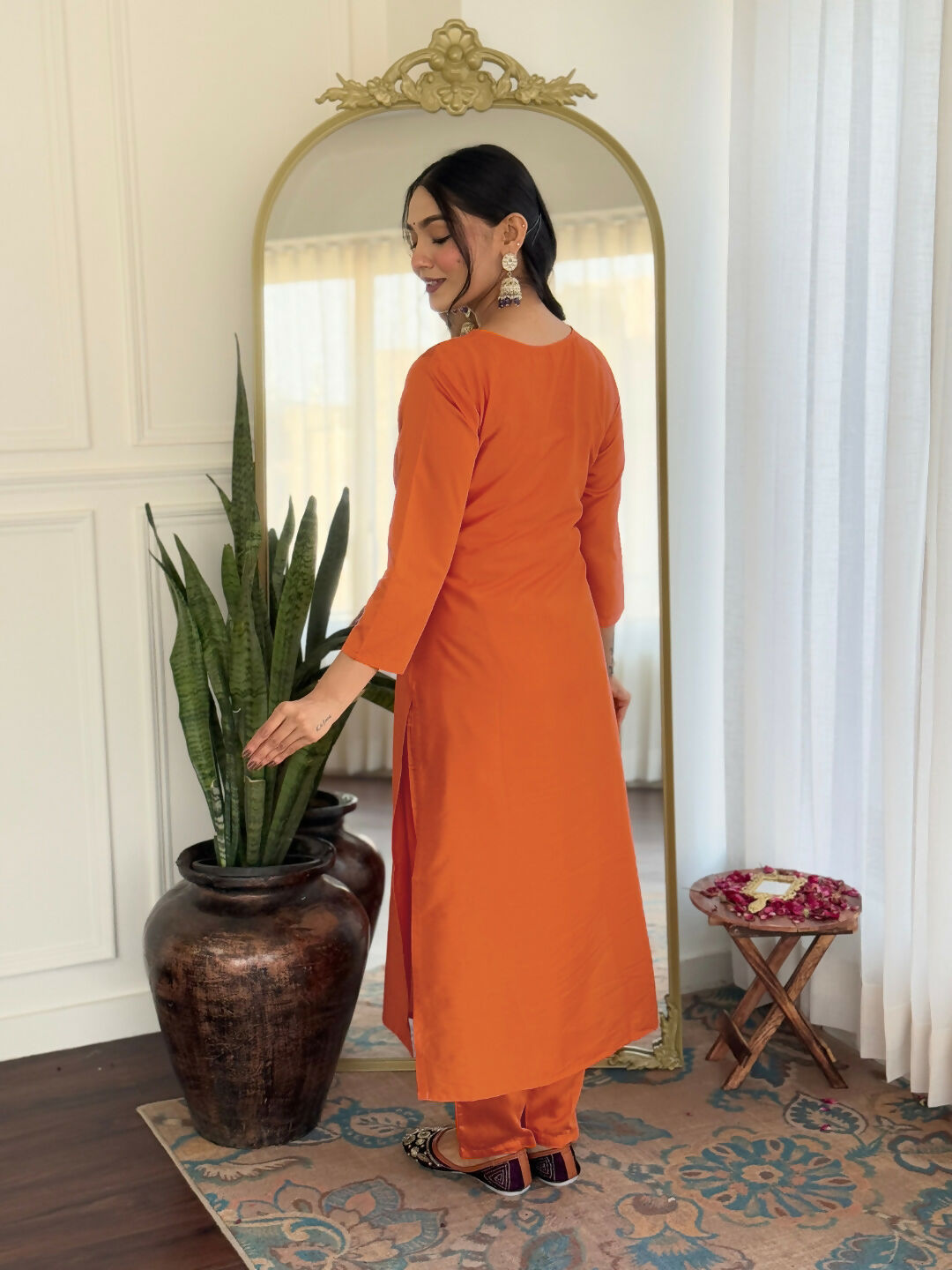 The52 Orange Women's Gorgeous Embroidered Rayon Fabric with Straight Kurta, Pant and Dupatta Set - Swadesiicart