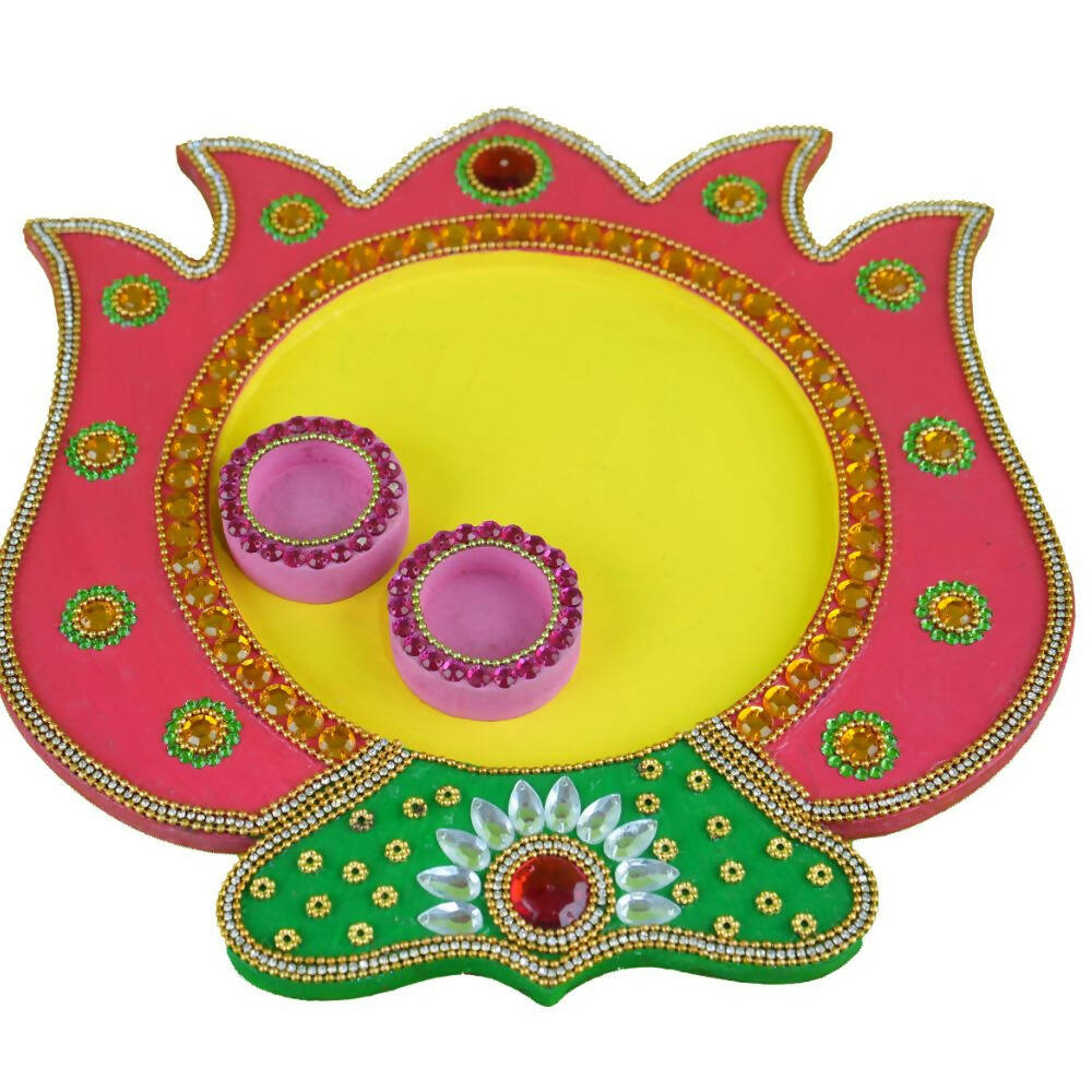 Kundan HandiKrafts Mdf Lotus Pooja Thalis - Pink | Swadesiicart