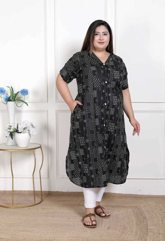 Miravan Women's Plus Size Pure Cotton Black Floral Printed Front Button A-Line Kurta - Swadesiicart