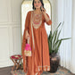 The52 Rust Women's Gorgeous Embroidered Vichitra Silk Fabric Flared Kurta, Pant and Dupatta Set - Swadesiicart