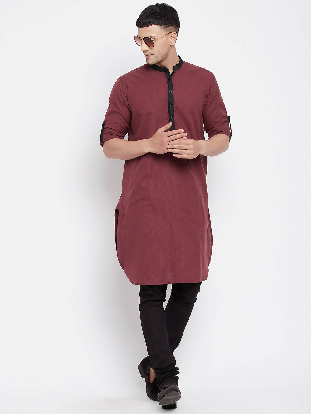 Even Apparels Maroon Pure Cotton Men's Kurta With Contrast Collar And Placket | Swadesiicart