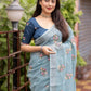 Sky Pure Linen Ethnic Motifs Saree with Unstitched Blouse - Hiral Fashion | Swadesiicart