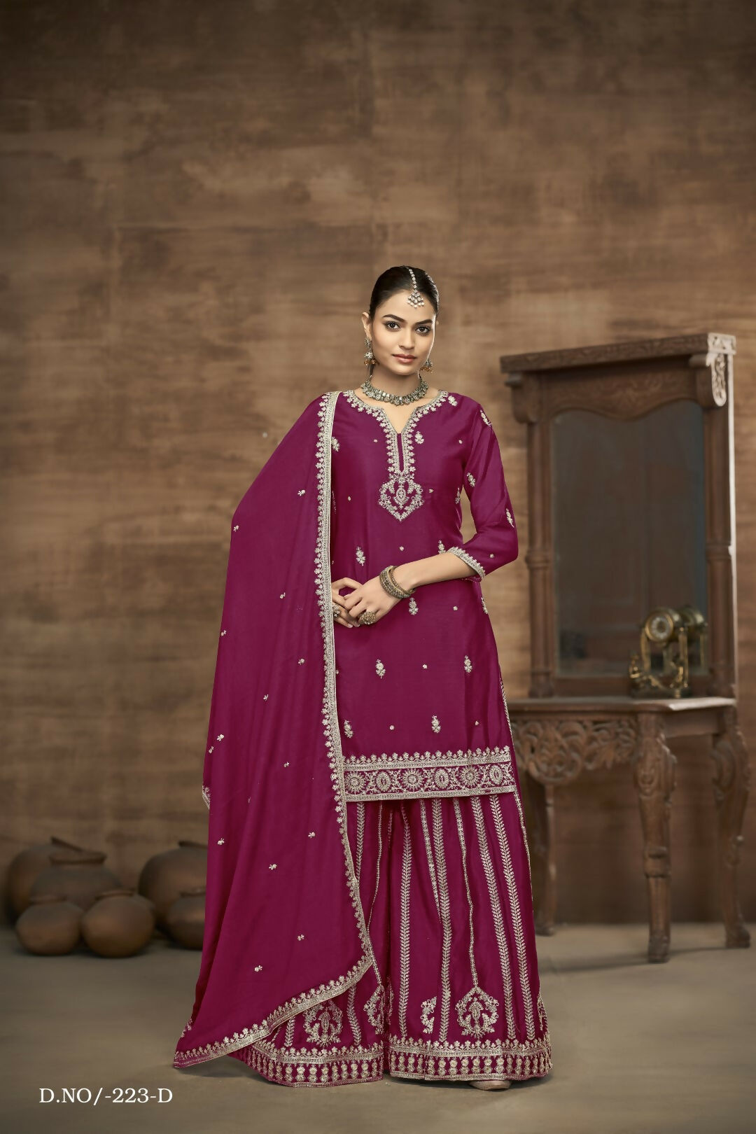 Anaita Wine Chinon Silk Embroidered Stitched Sharara Suit