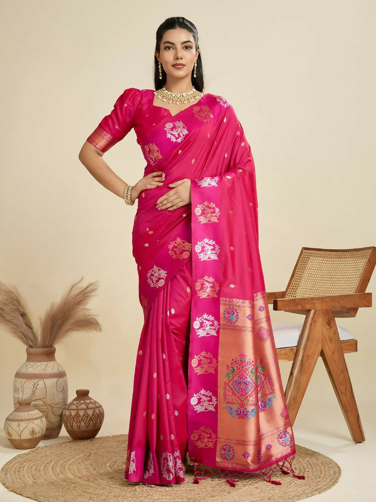 Vishnu Weaves Women's Magenta Banarasi Silk Zari Woven Saree with Blouse - Swadesiicart