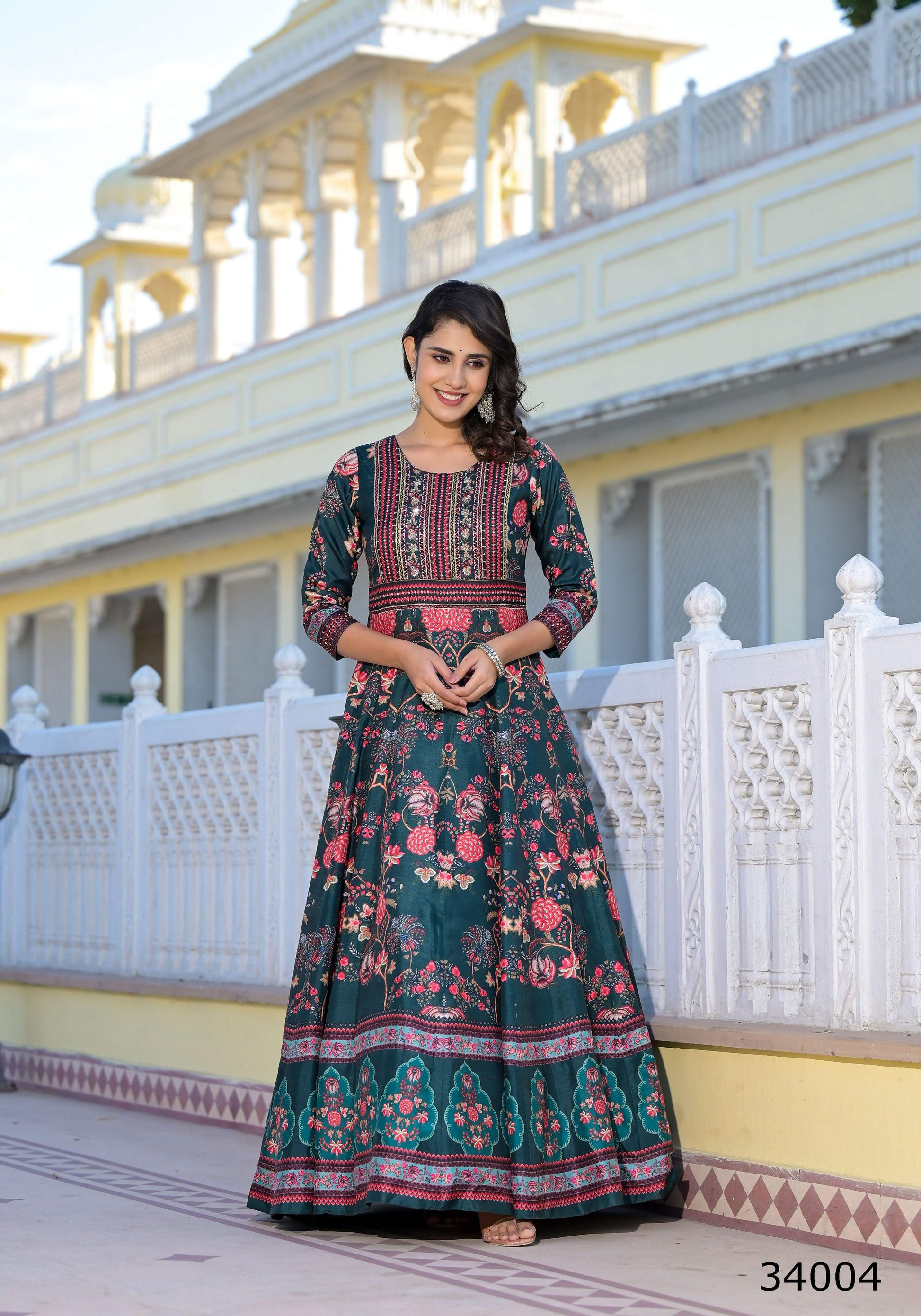 Partywear Designer Green Dola Silk Anarkali suit with Dupatta - Suzen - Swadesiicart