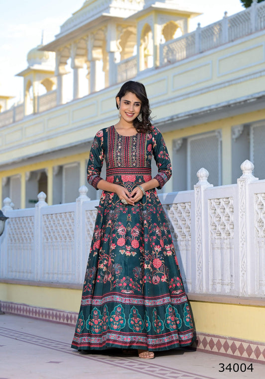 Partywear Designer Green Dola Silk Anarkali suit with Dupatta - Suzen - Swadesiicart