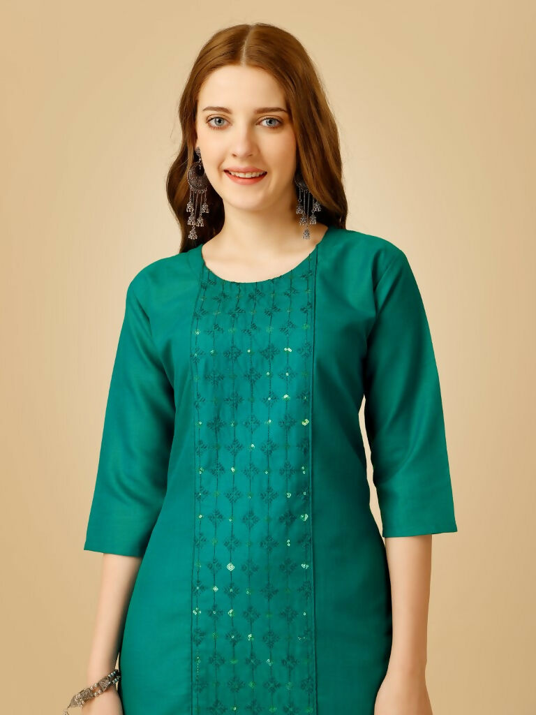 Jyoti Fashion Women's Rama Cotton Blend Embroidered Kurta Pant Set - Swadesiicart