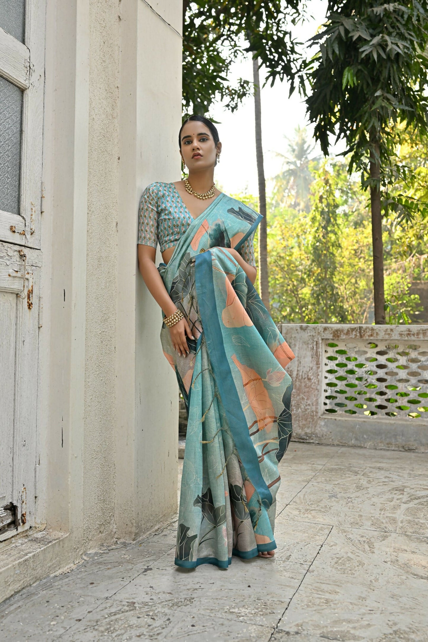 Vishnu Weaves Women's Firozi Cotton Silk Saree with Blouse - Swadesiicart