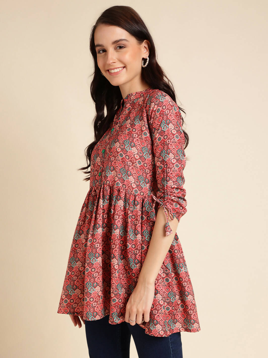 Red Poly Rayon Digital Printed A-line Top - Tarini - Swadesiicart
