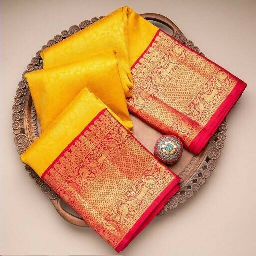 DEIANA'S Beautiful Designer Golden zari Soft Lichi Silk Saree - Yellow - Swadesiicart
