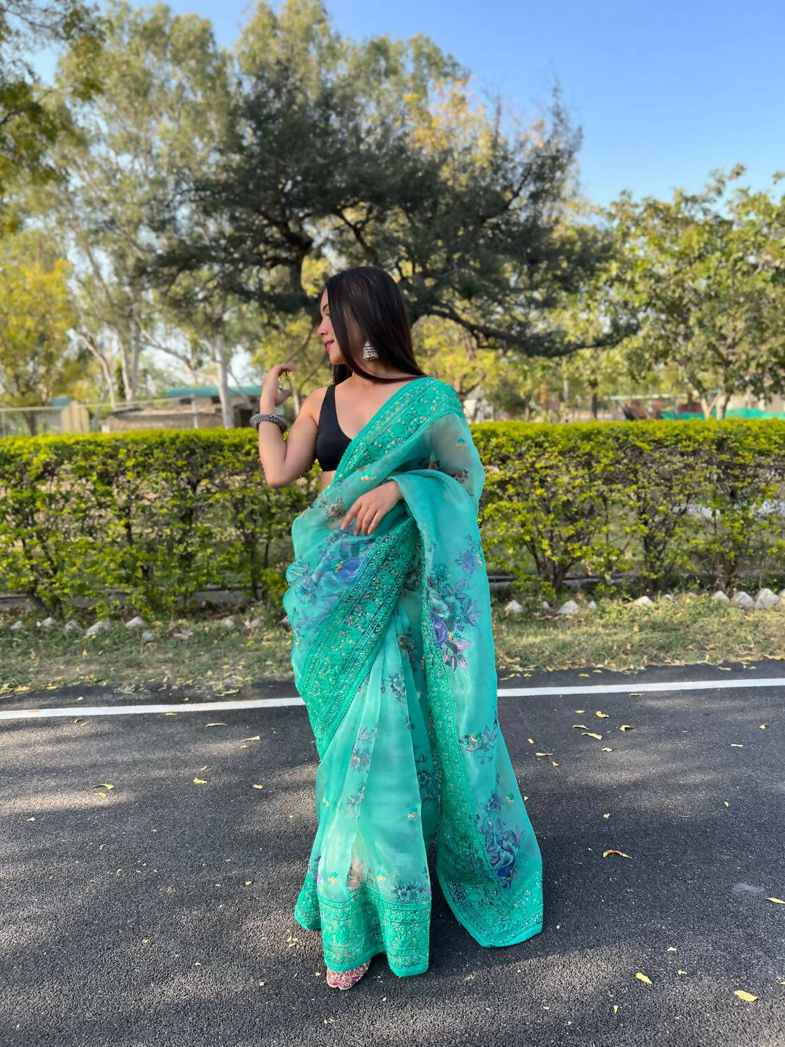 Vamsee Sea Green Organza Saree - Swadesiicart