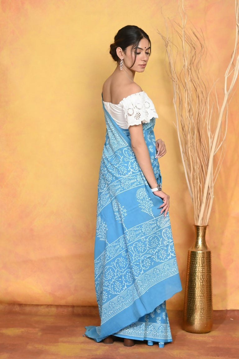 Very Much Indian Handblock Printed Cotton Saree With Natural Dyes - Sky Blue | Swadesiicart