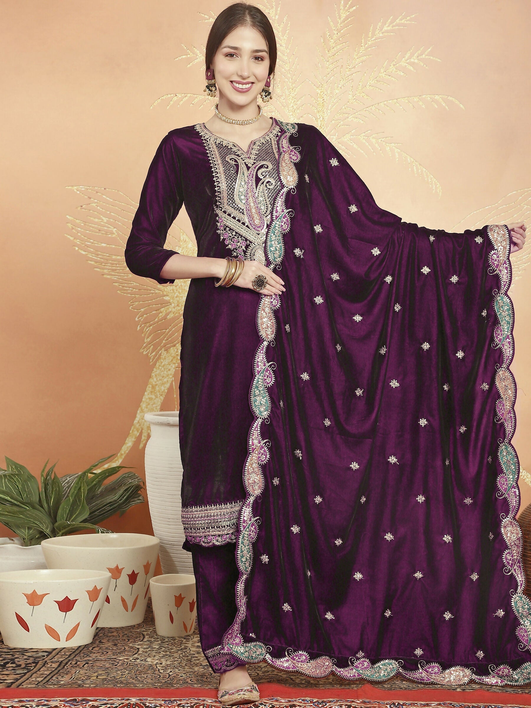 Jyoti Fashion Women's Wine Velvet Cording with Resham Thread & Sequin Kurta with Trouser & Dupatta | Swadesiicart
