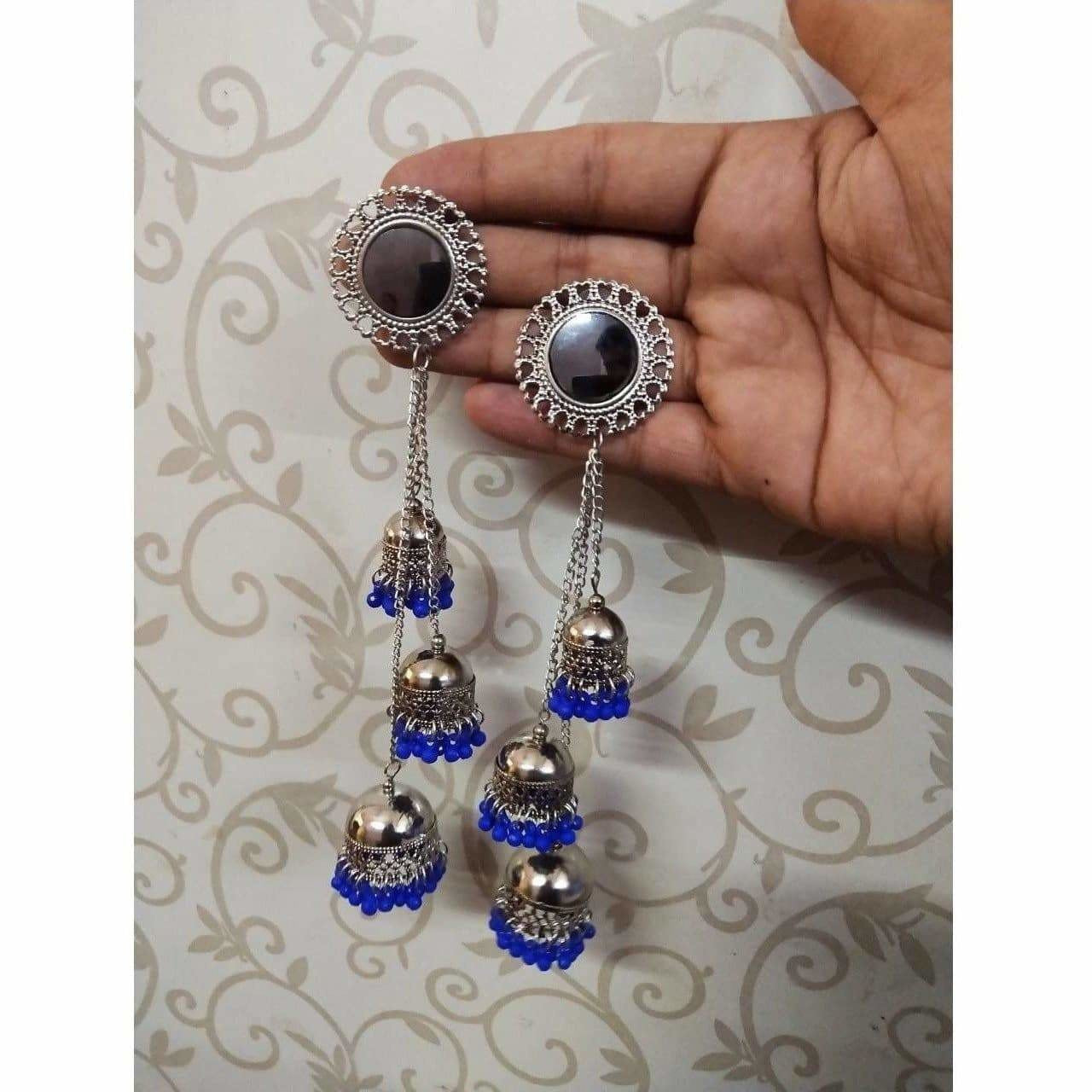 MS Fashion India Kashmiri Triple Blue Color Pearls Hanging Jhumka Earrings | Swadesiicart