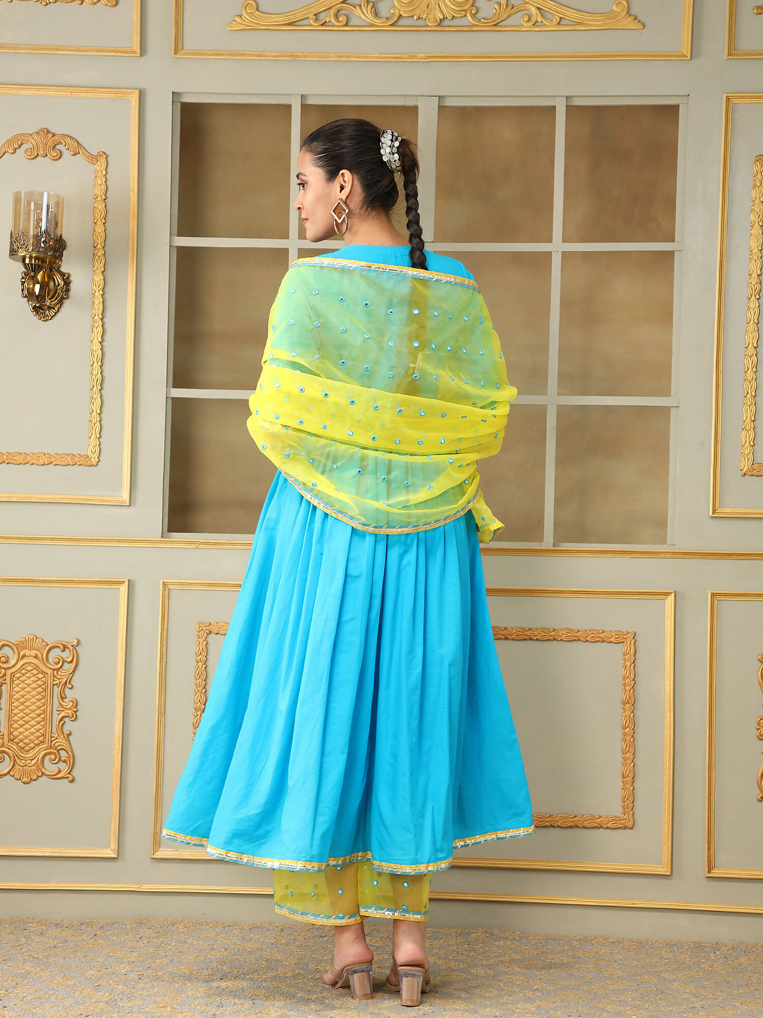 Pomcha Jaipur Blue Saadgi Blue Mirror Work Anarkali Set | Swadesiicart