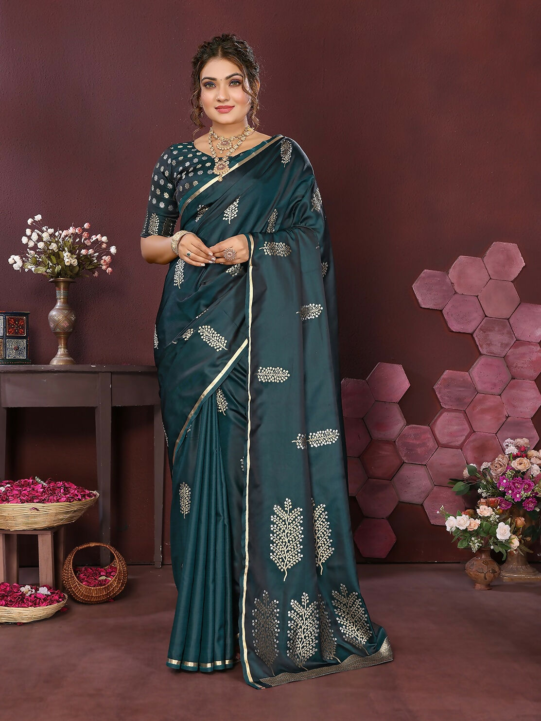 Joban Fashion Teal Floral Motifs Banarasi Silk Sarees | Swadesiicart