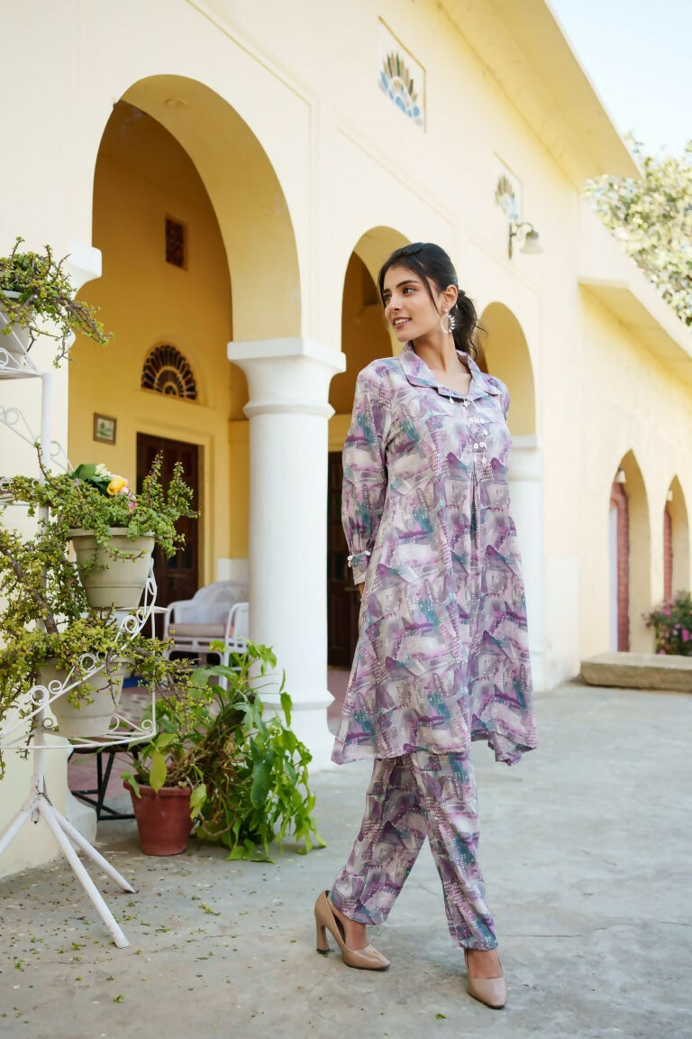 Vaasva Women Lavender Muslin Printed Shirt & Pant Set - Swadesiicart