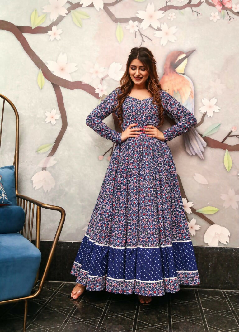 Jyoti Fashion Women's Navy Blue Heavy Digital Printed Cotton Silk Anarkali Dress | Swadesiicart