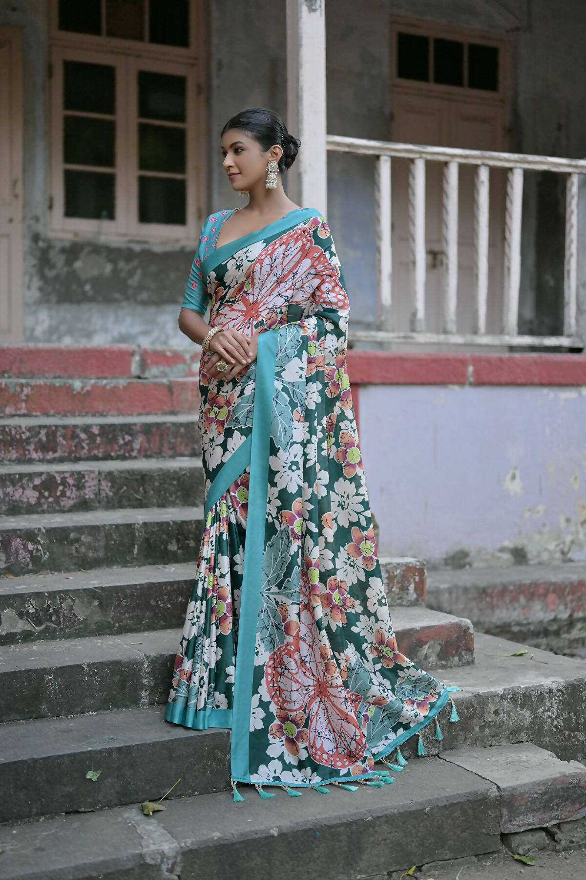 Vishnu Weaves Women's Green Cotton Silk Printed Saree with Blouse - Swadesiicart