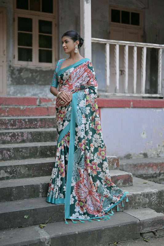 Vishnu Weaves Women's Green Cotton Silk Printed Saree with Blouse - Swadesiicart