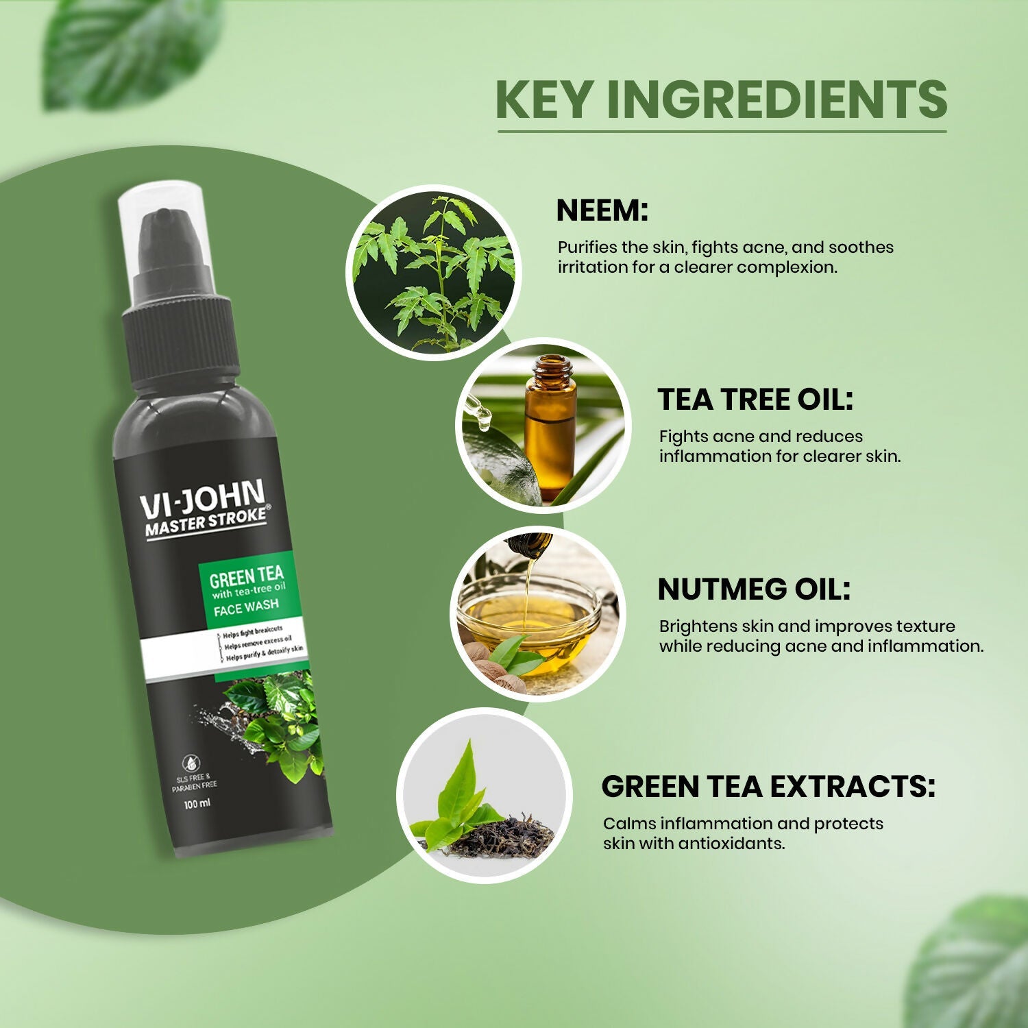 VI-JOHN Master Stroke Green Tea Face Wash Brightening Skin And Improving Texture For All Skin Type | Swadesiicart