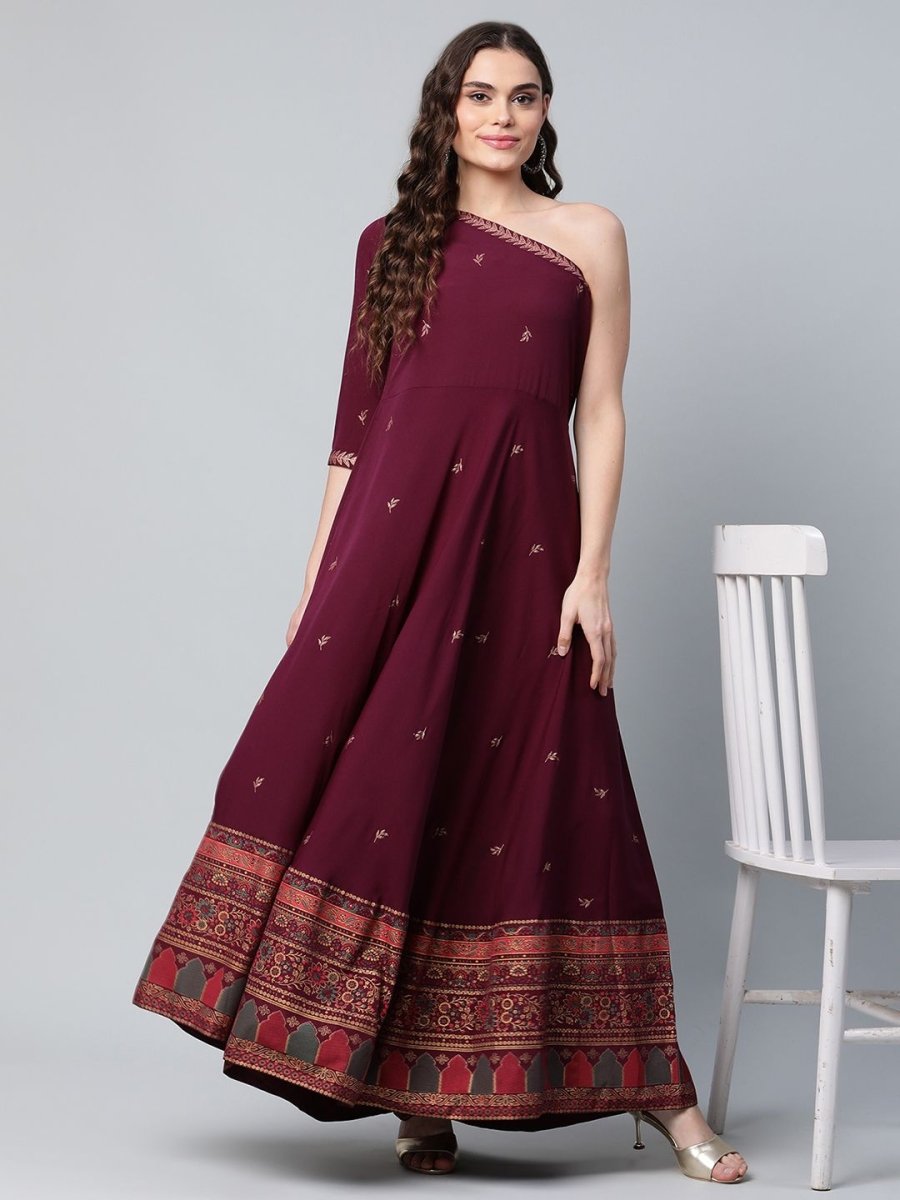 Ahalyaa Women Burgundy & Gold-Toned Ethnic Motifs One Shoulder Ethnic Maxi Dress | Swadesiicart