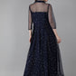 Ahalyaa Navy Blue Net & Crepe Silver Toned Polka Dots Printed Maxi Dress | Swadesiicart