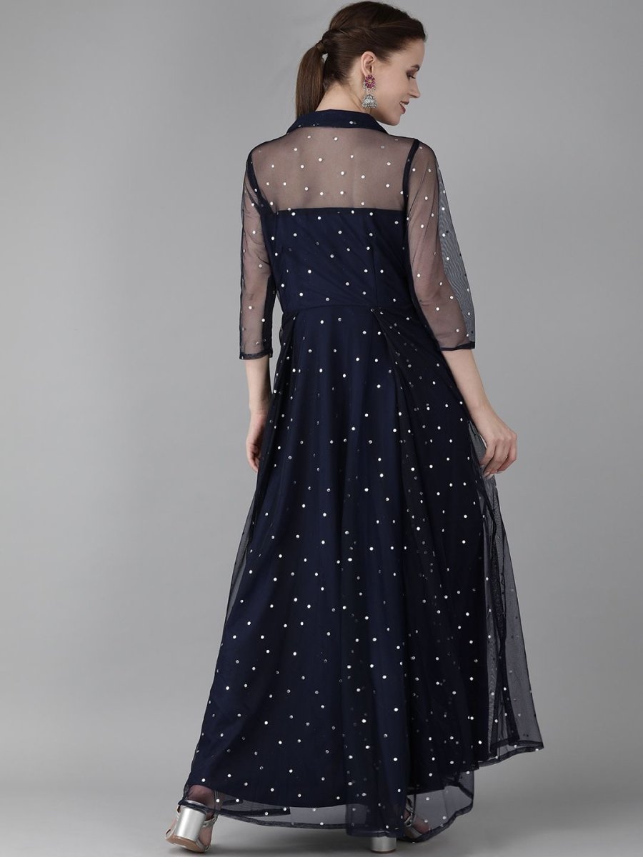 Ahalyaa Navy Blue Net & Crepe Silver Toned Polka Dots Printed Maxi Dress | Swadesiicart