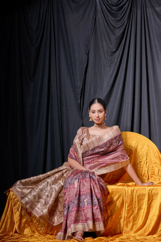 Vishnu Weaves Women's Maroon Tussar Silk Zari Woven Saree with Blouse - Swadesiicart