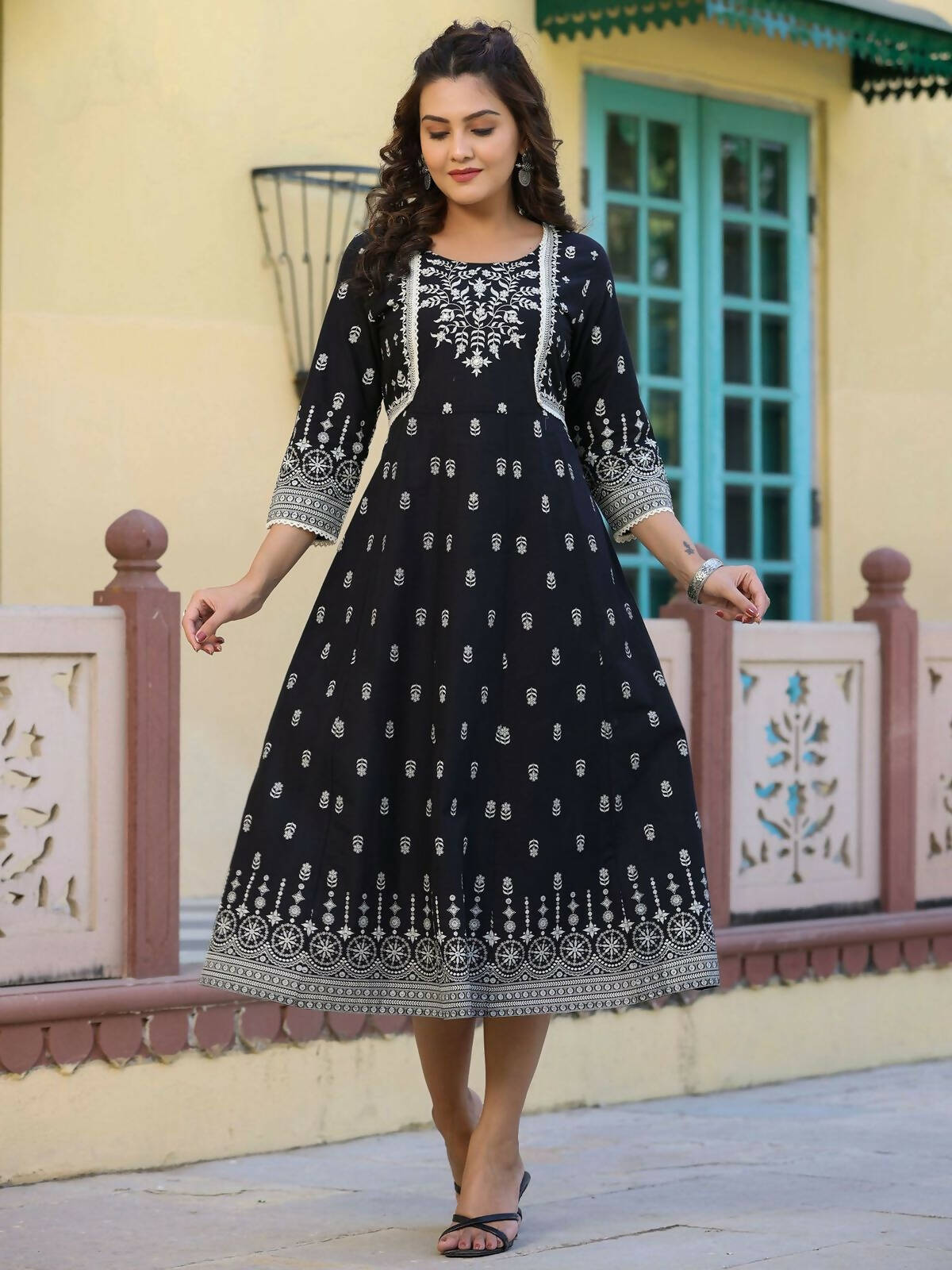 Juniper Women's Black Printed Anarkali Flared Dress | Swadesiicart