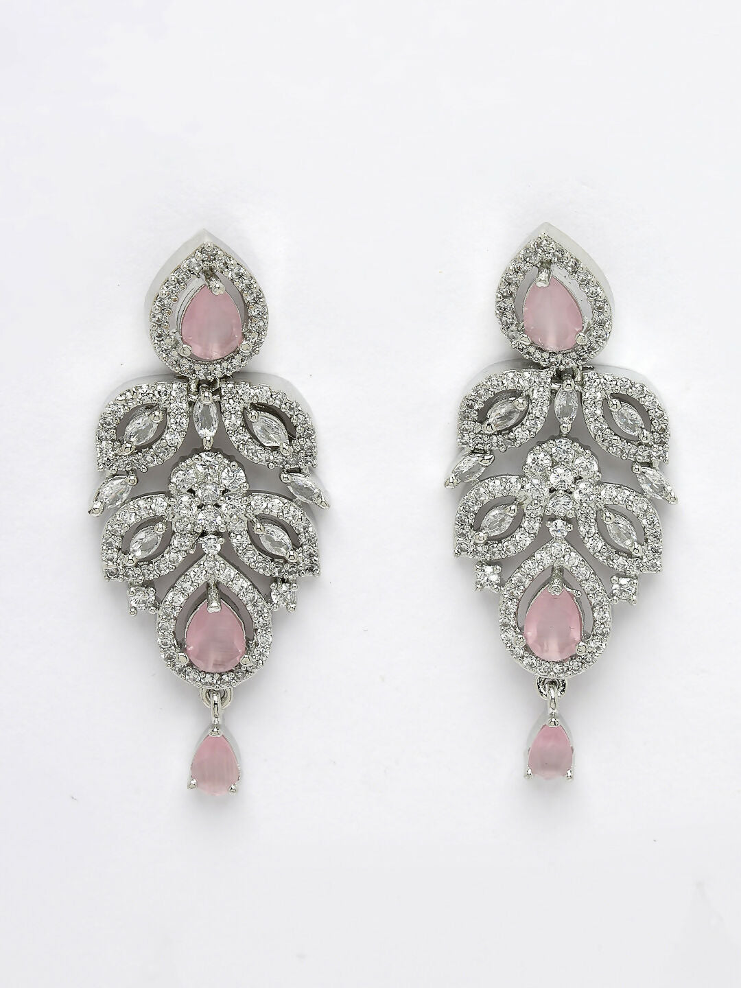 NVR Women's silver plated & Pink CZ stone handcrafted jewellery set - Swadesiicart