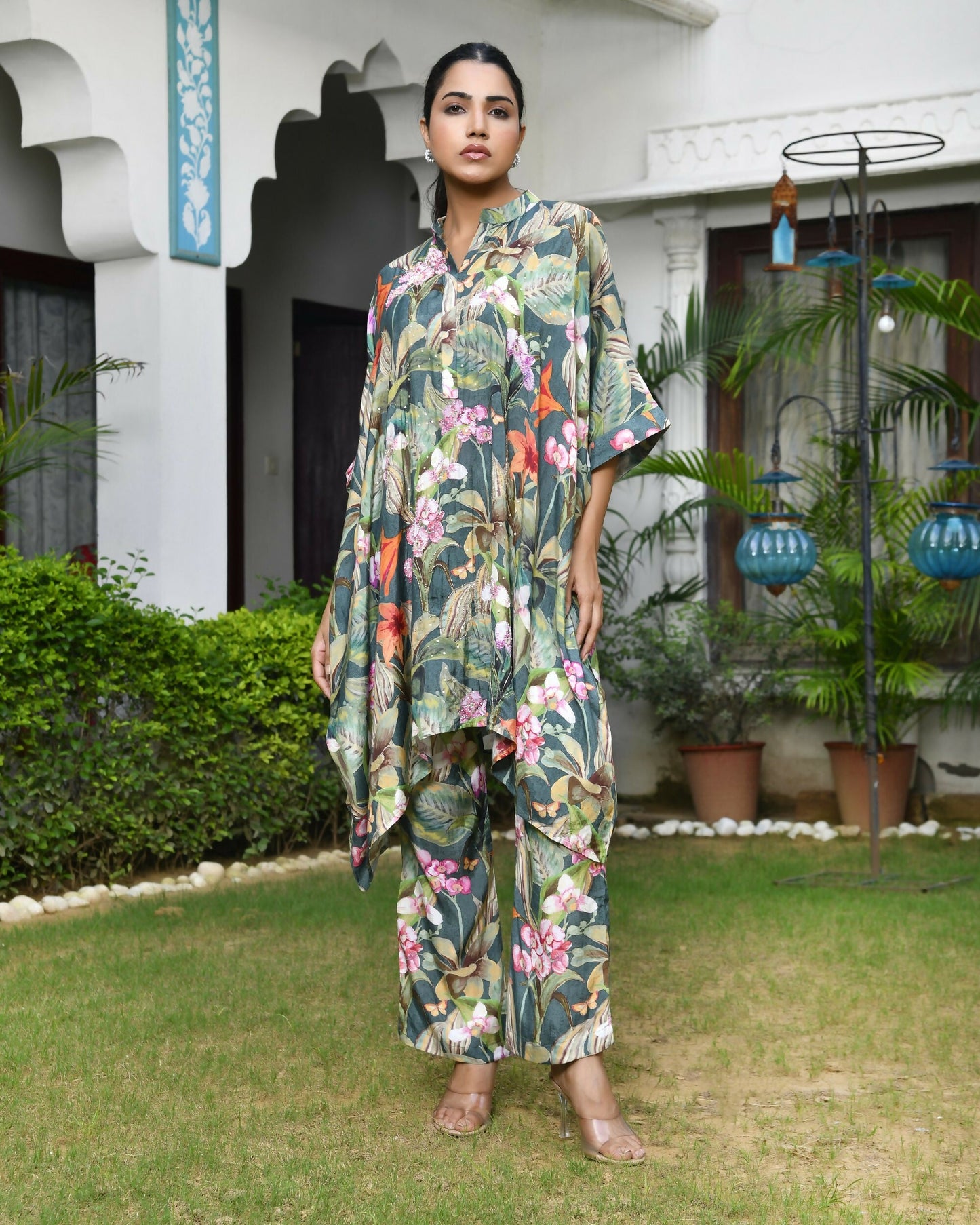 Vaasva Women's Dark Green Musline Viscose Digital Printed Kaftan Pant Set | Swadesiicart