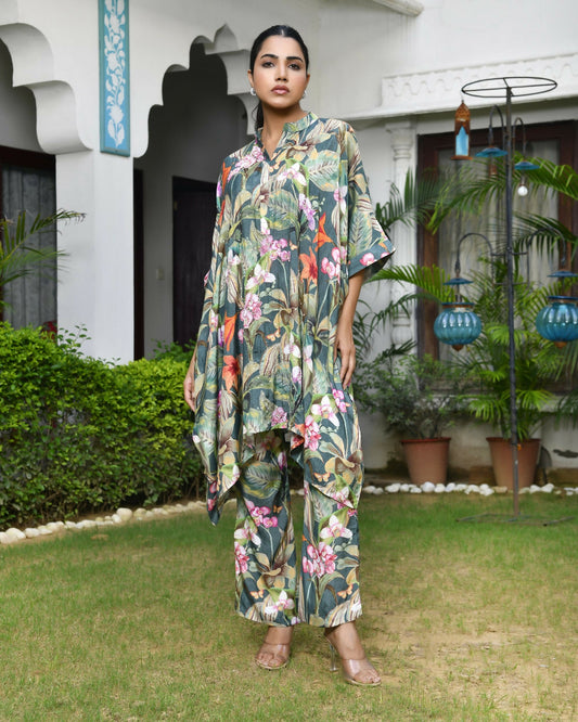 Vaasva Women's Dark Green Musline Viscose Digital Printed Kaftan Pant Set | Swadesiicart