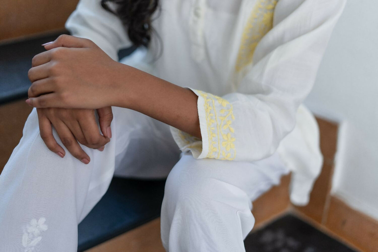 Zibaa Ivory & Yellow Muslin Short Chikankari Kurti - Swadesiicart