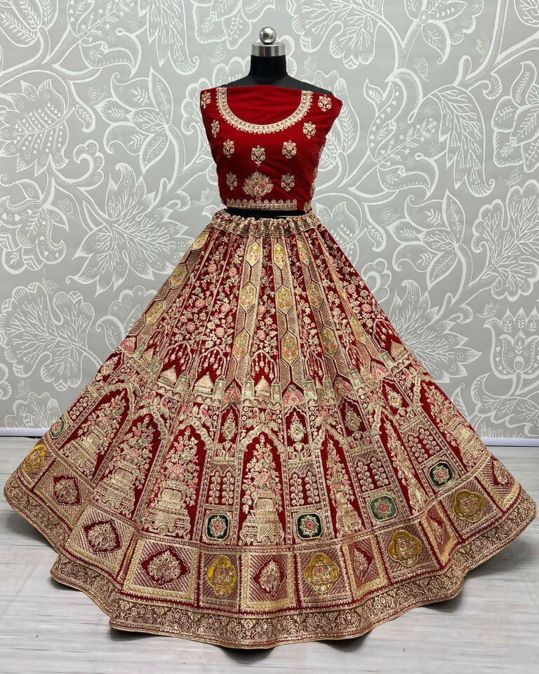 Jyoti Fashion Women's Red Velvet Dori, Multi Thread Embroidered with Diamond Work Wedding Lehenga Choli | Swadesiicart