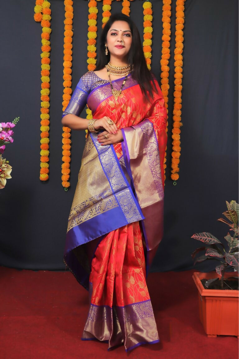 Jyoti Fashion Women's Red Kanjivaram Silk Zari Woven Saree with Blouse | Swadesiicart