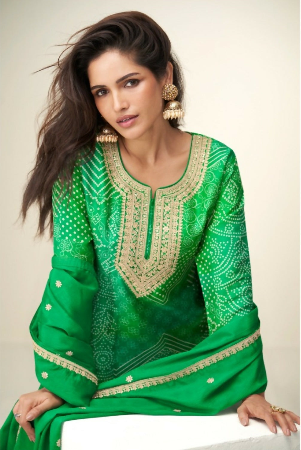 Anaita Green Chinon Stitched Suit with Digital Print & Embroidery Coding Sequence Work